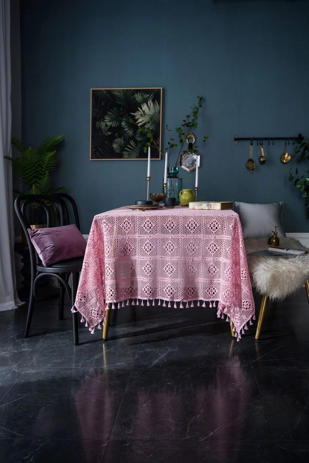 Nappe de table rectangle en crochet rose