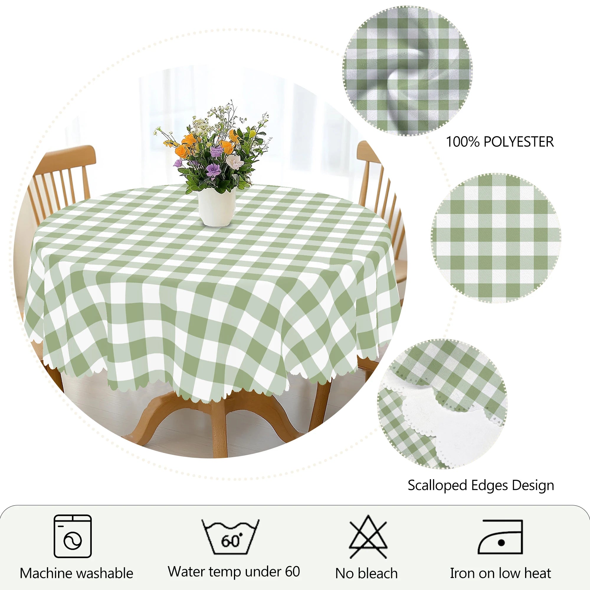 Nappe de table imperméable à carreaux vert sauge et blanc