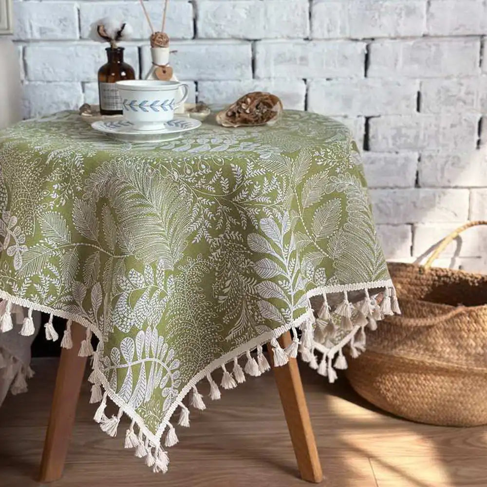Nappe à franges en coton - imprimés verts