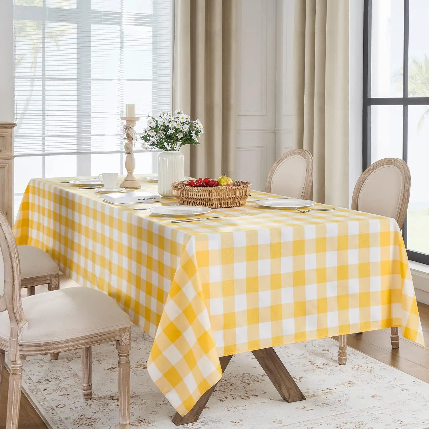 Nappe de table imperméable à carreaux jaune et blanc