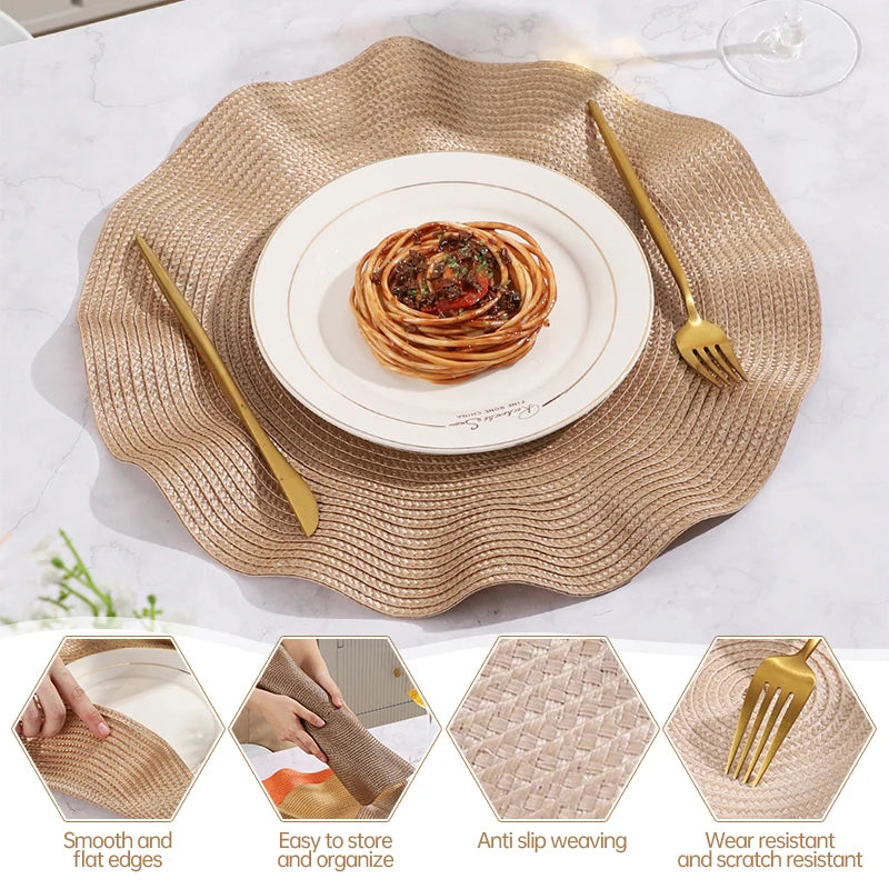 Lot de 6 napperons ronds tissés à volants - Beige