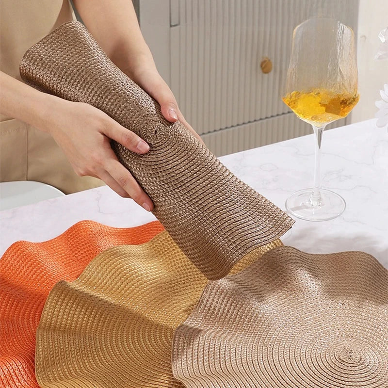 Lot de 6 napperons ronds tissés à volants - Beige