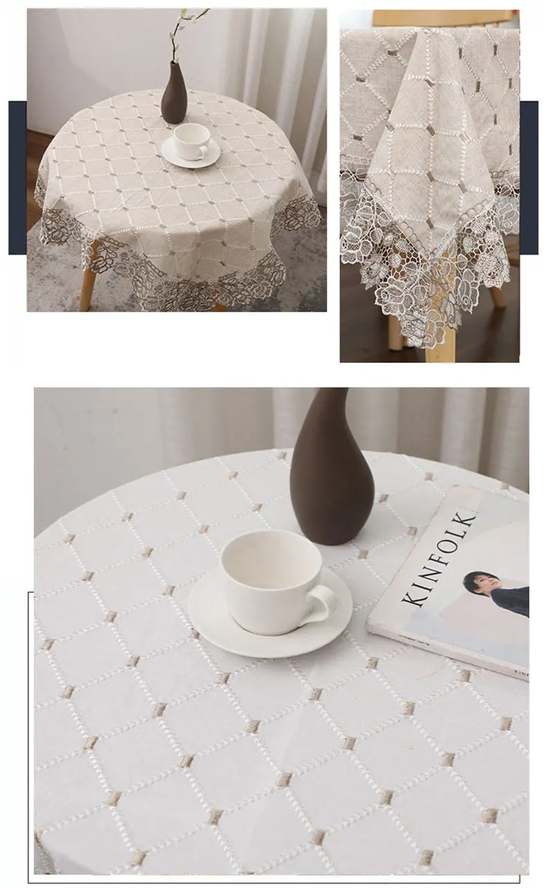 Nappe en coton brodée et dentelle