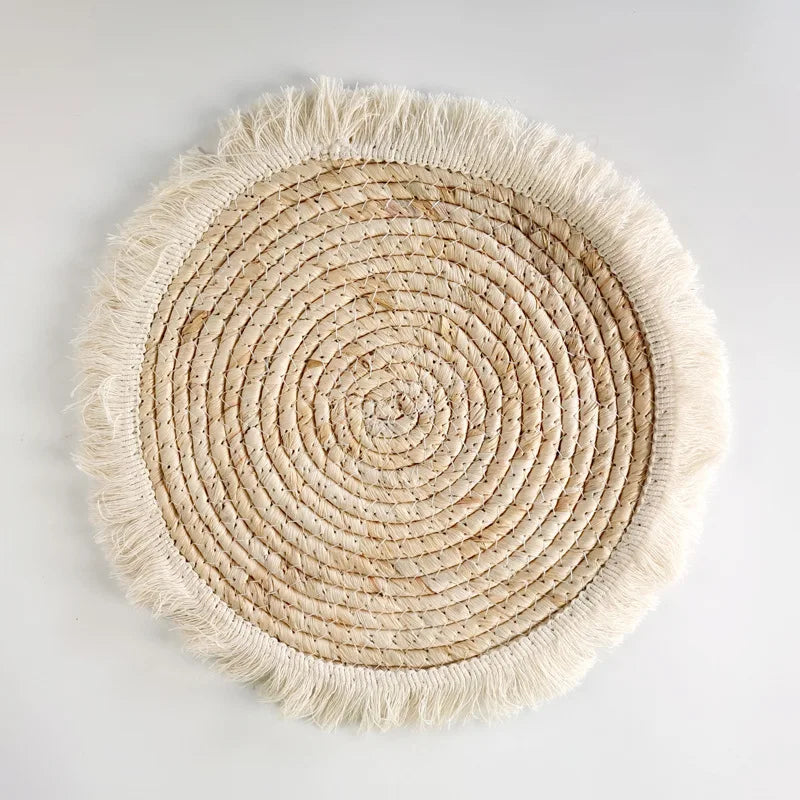 Lot de 4 napperons ronds tissés style bohème - Beige