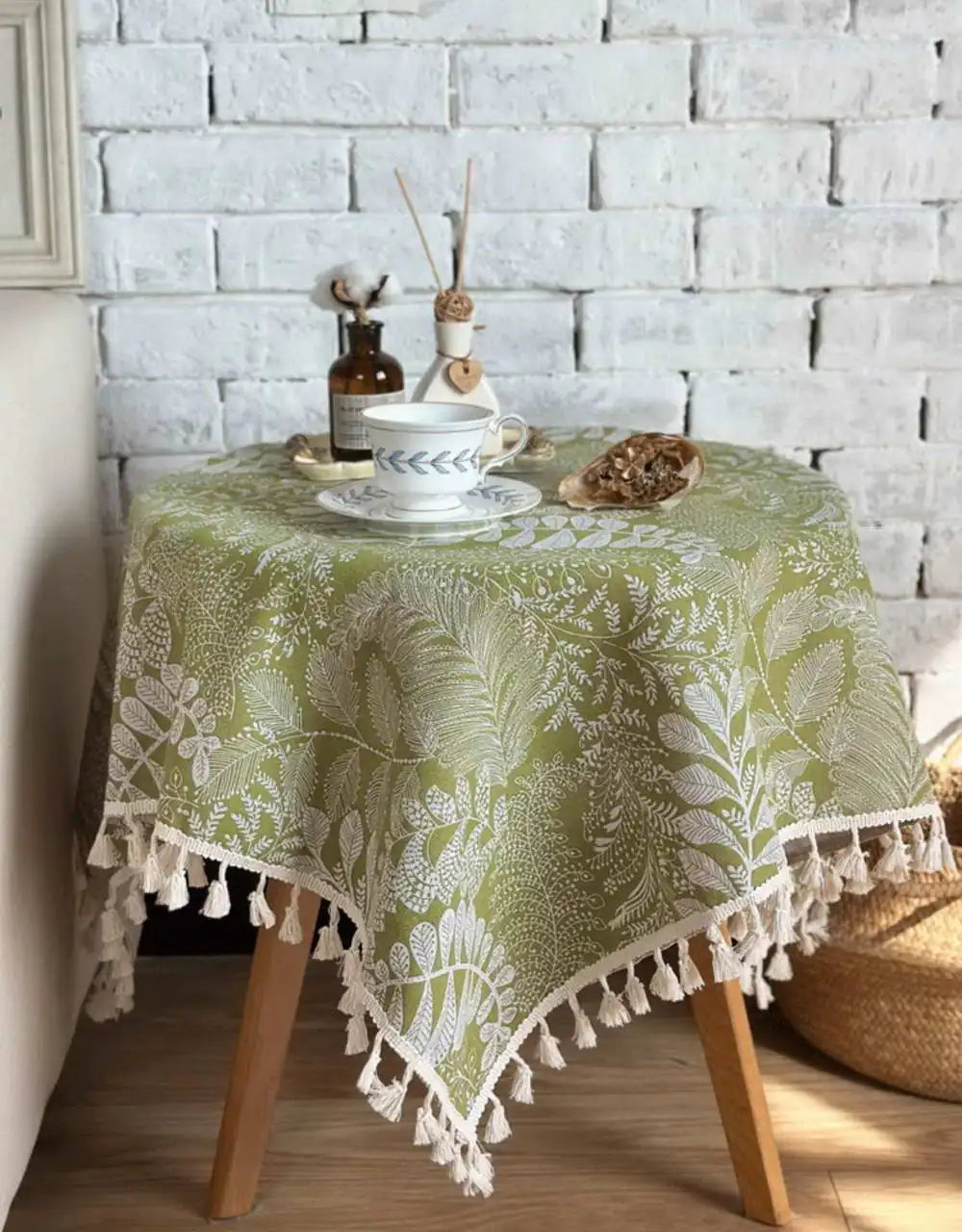 Nappe à franges en coton - imprimés verts