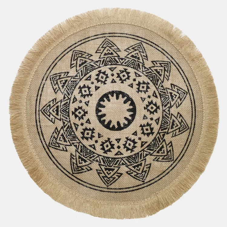 Lot de 4 napperons ronds tissés style bohème - Beige et noir