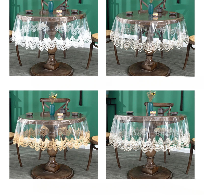 Nappe de table ronde en PVC transparent avec dentelle