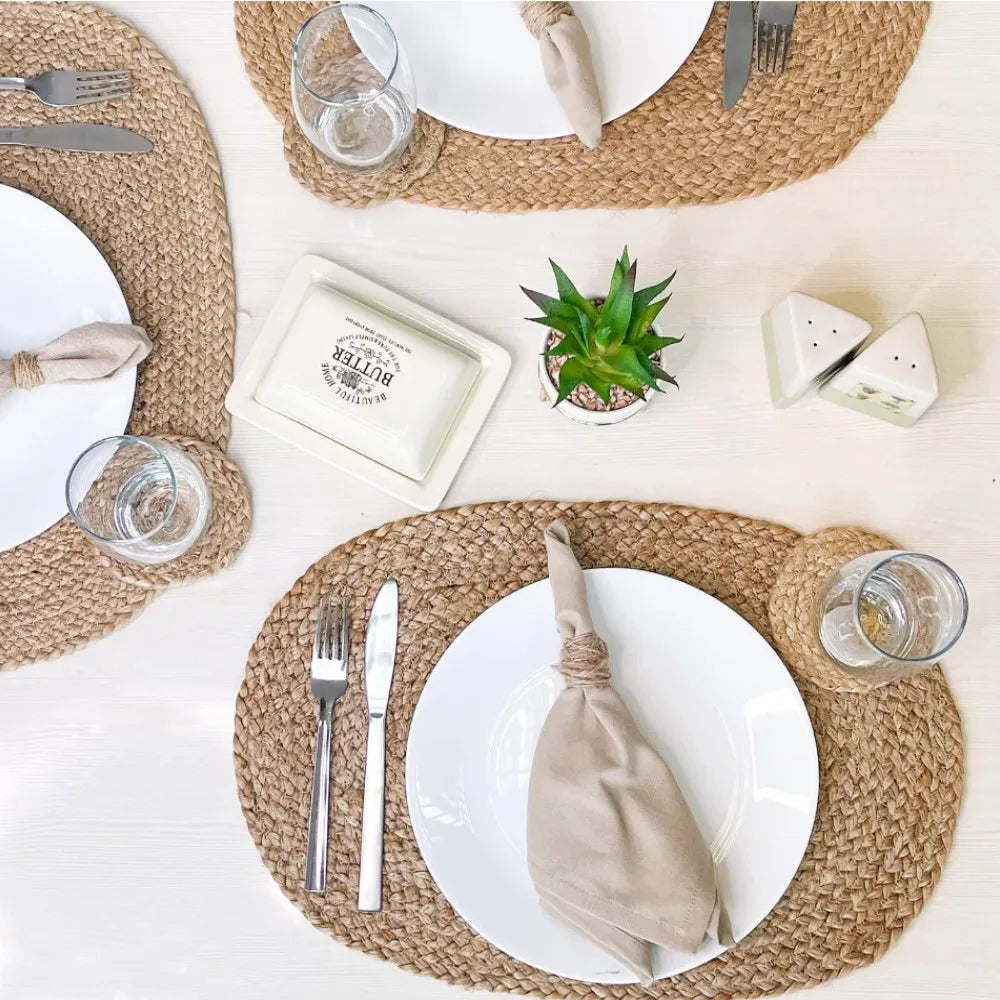 Lot de 4 napperons ovales tissés en lin antidérapants