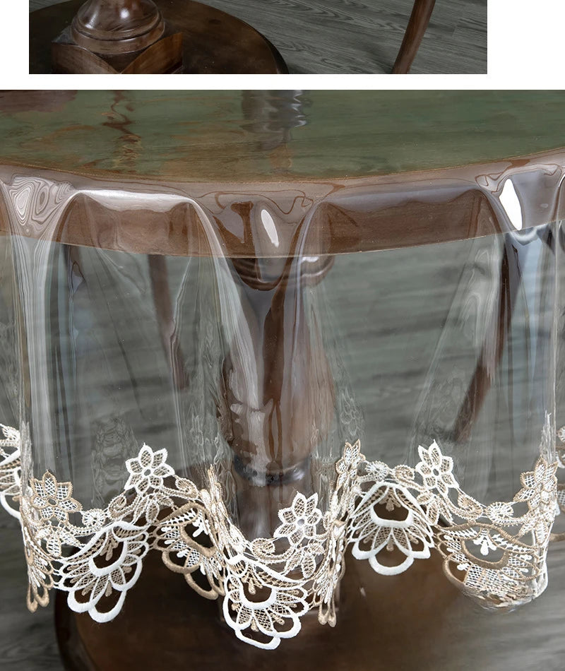 Nappe de table ronde en PVC transparent avec dentelle