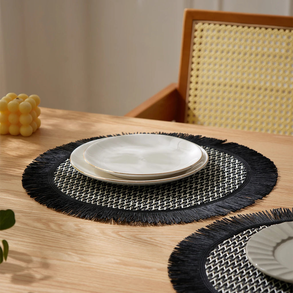 Lot de 4 napperons ronds tissés style bohème - Noir