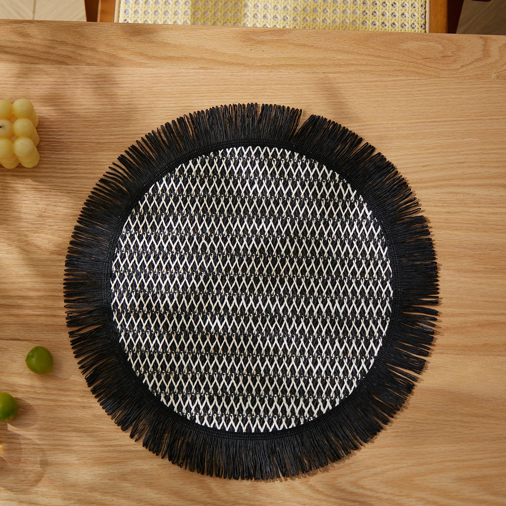 Lot de 4 napperons ronds tissés style bohème - Noir