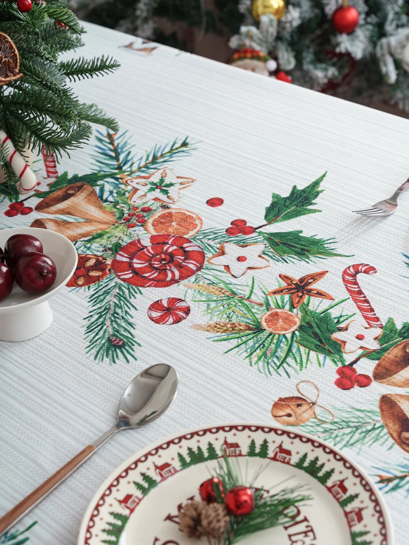 Nappe de table de noël blanche imprimée cloche de noël