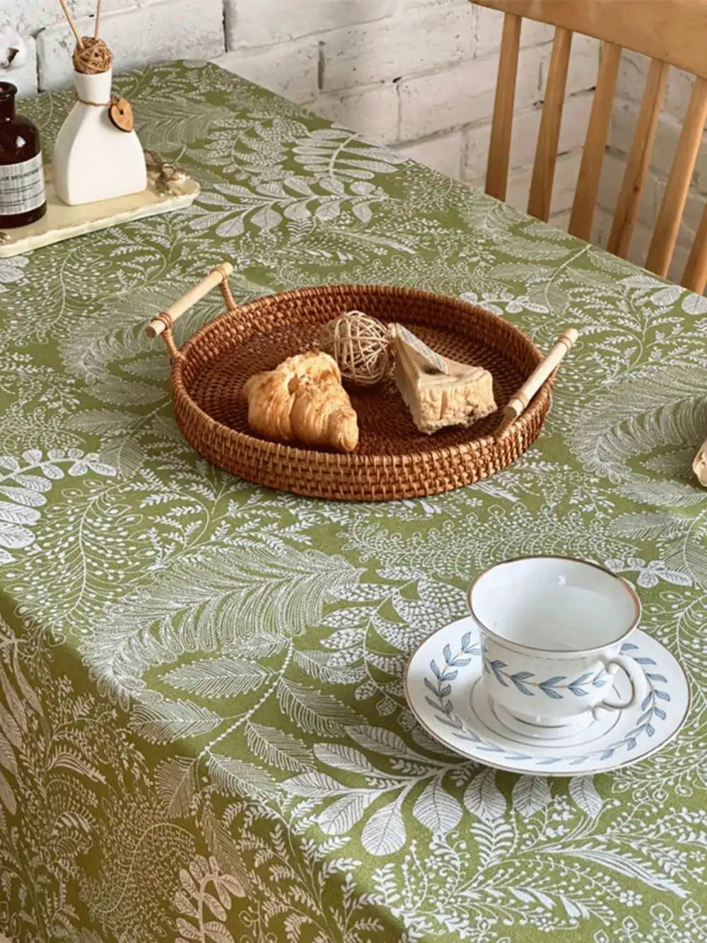 Nappe à franges en coton - imprimés verts