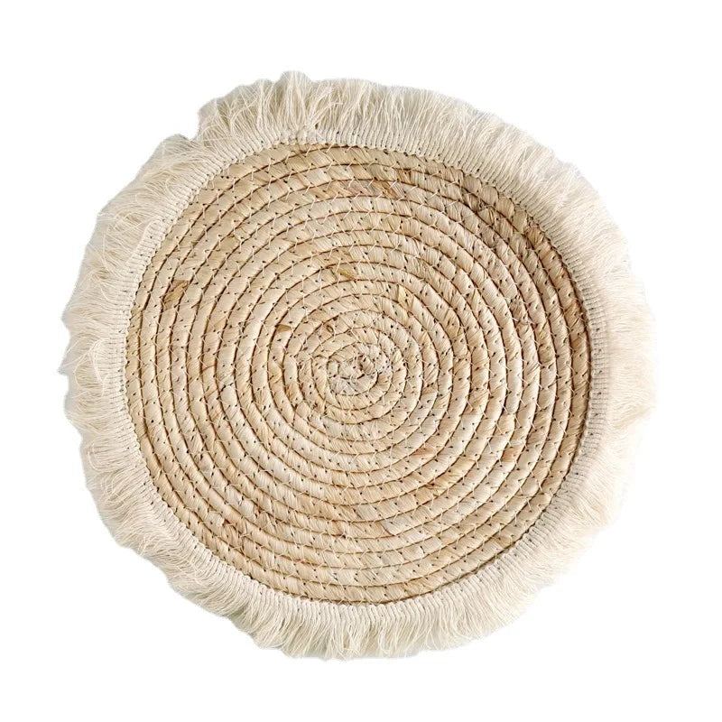 Lot de 4 napperons ronds tissés style bohème - Beige