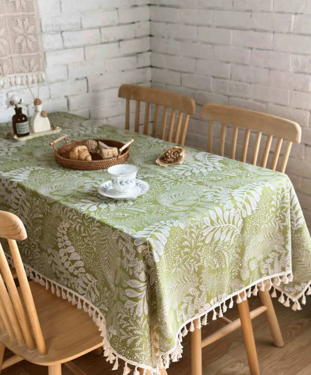 Nappe à franges en coton - imprimés verts