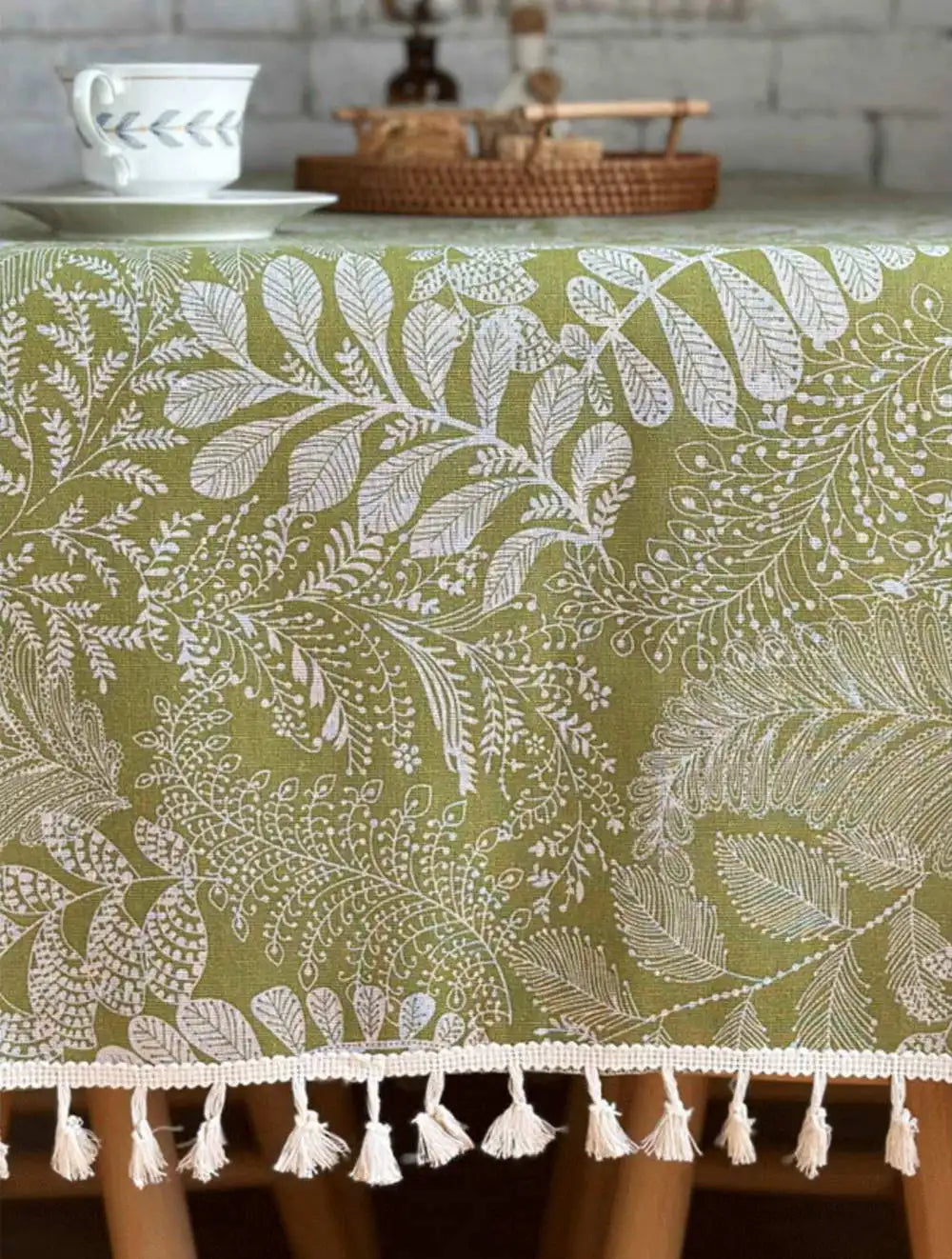 Nappe à franges en coton - imprimés verts