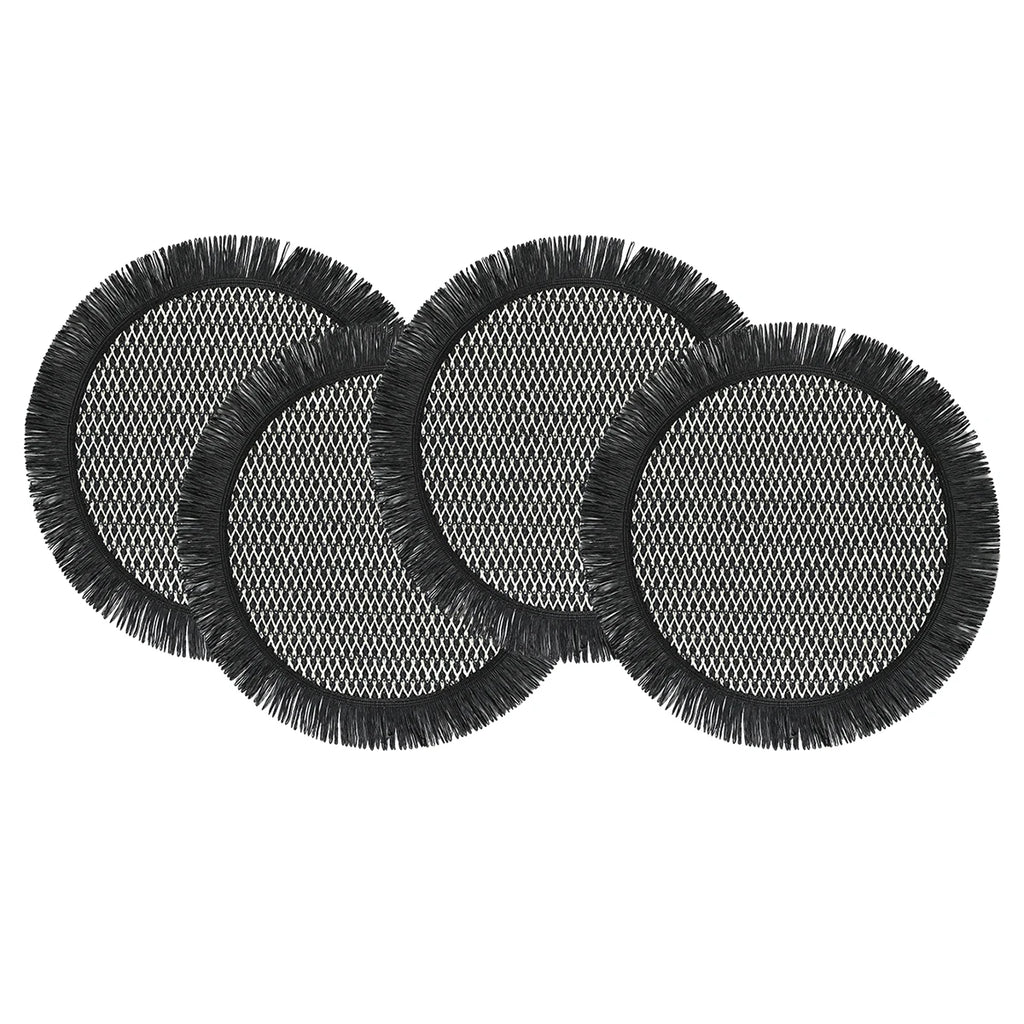 Lot de 4 napperons ronds tissés style bohème - Noir