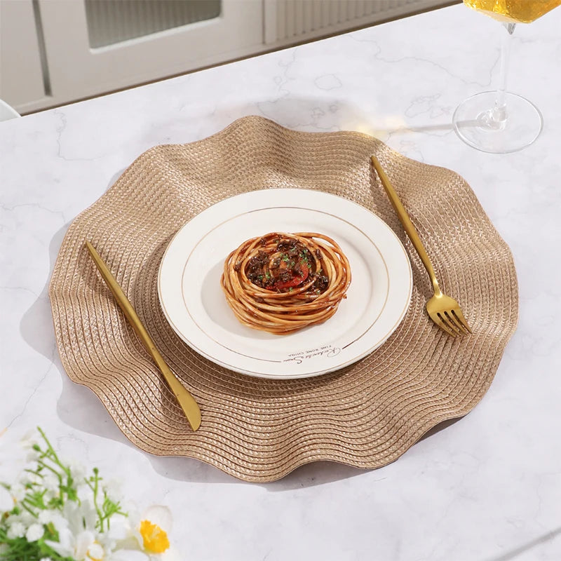 Lot de 6 napperons ronds tissés à volants - Beige