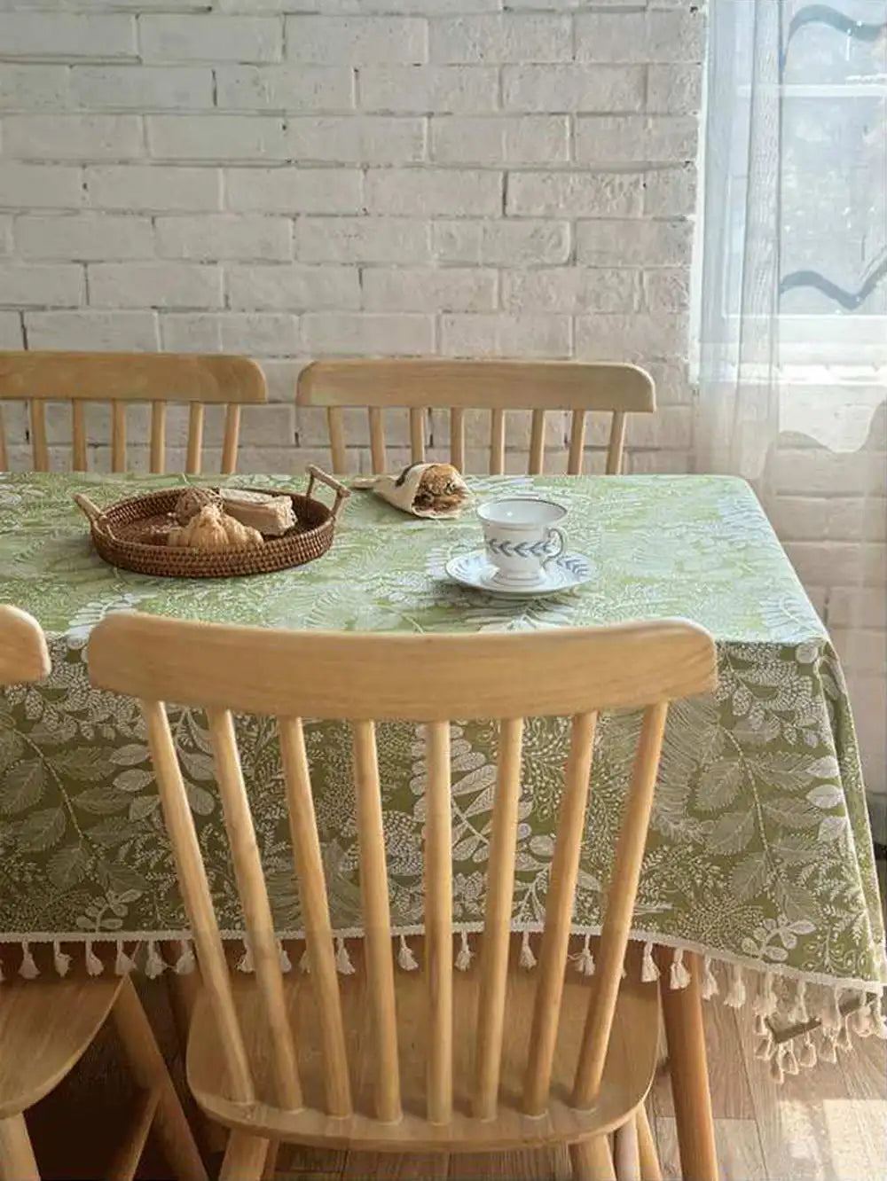 Nappe à franges en coton - imprimés verts