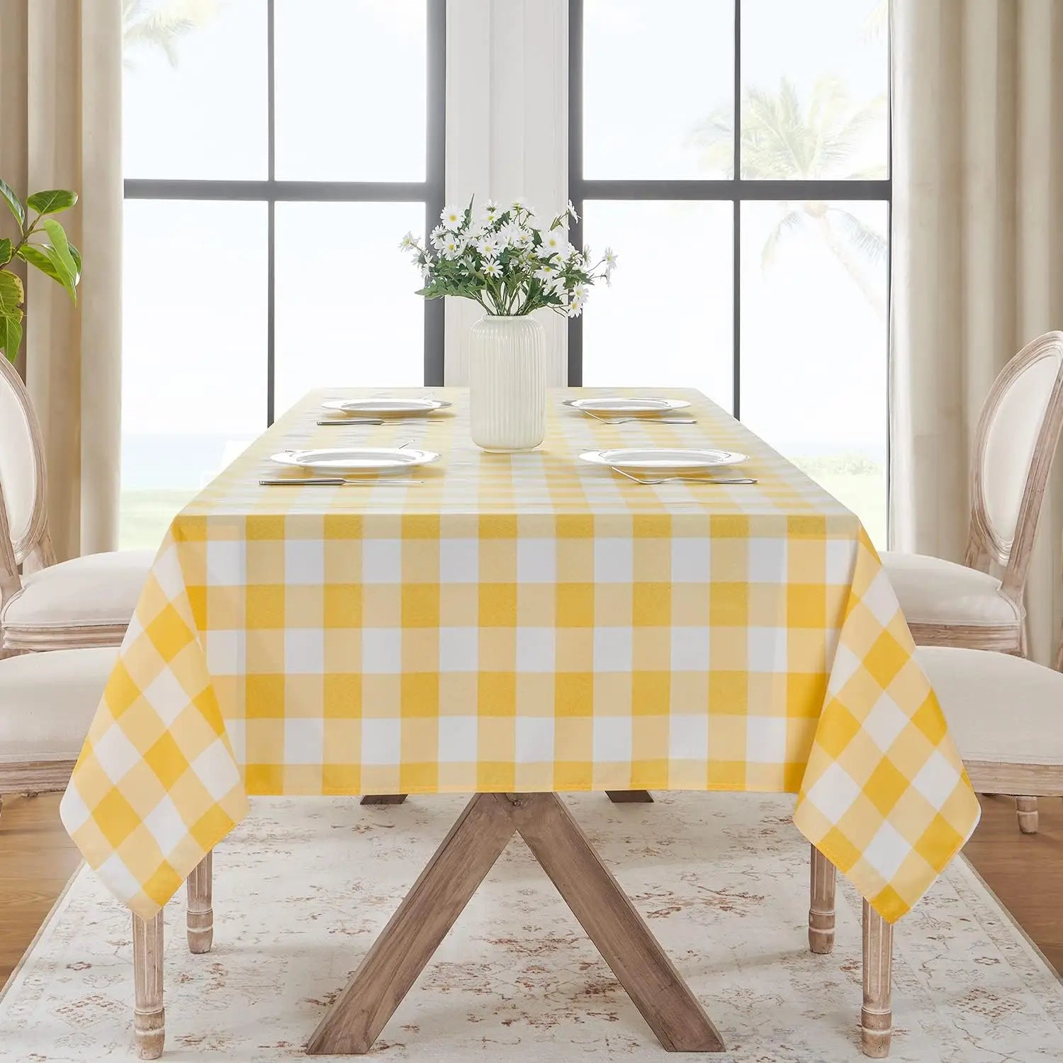 Nappe de table imperméable à carreaux jaune et blanc