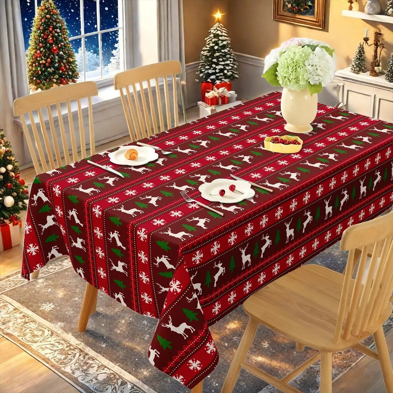 Nappe de table de noël imprimée rennes et sapins