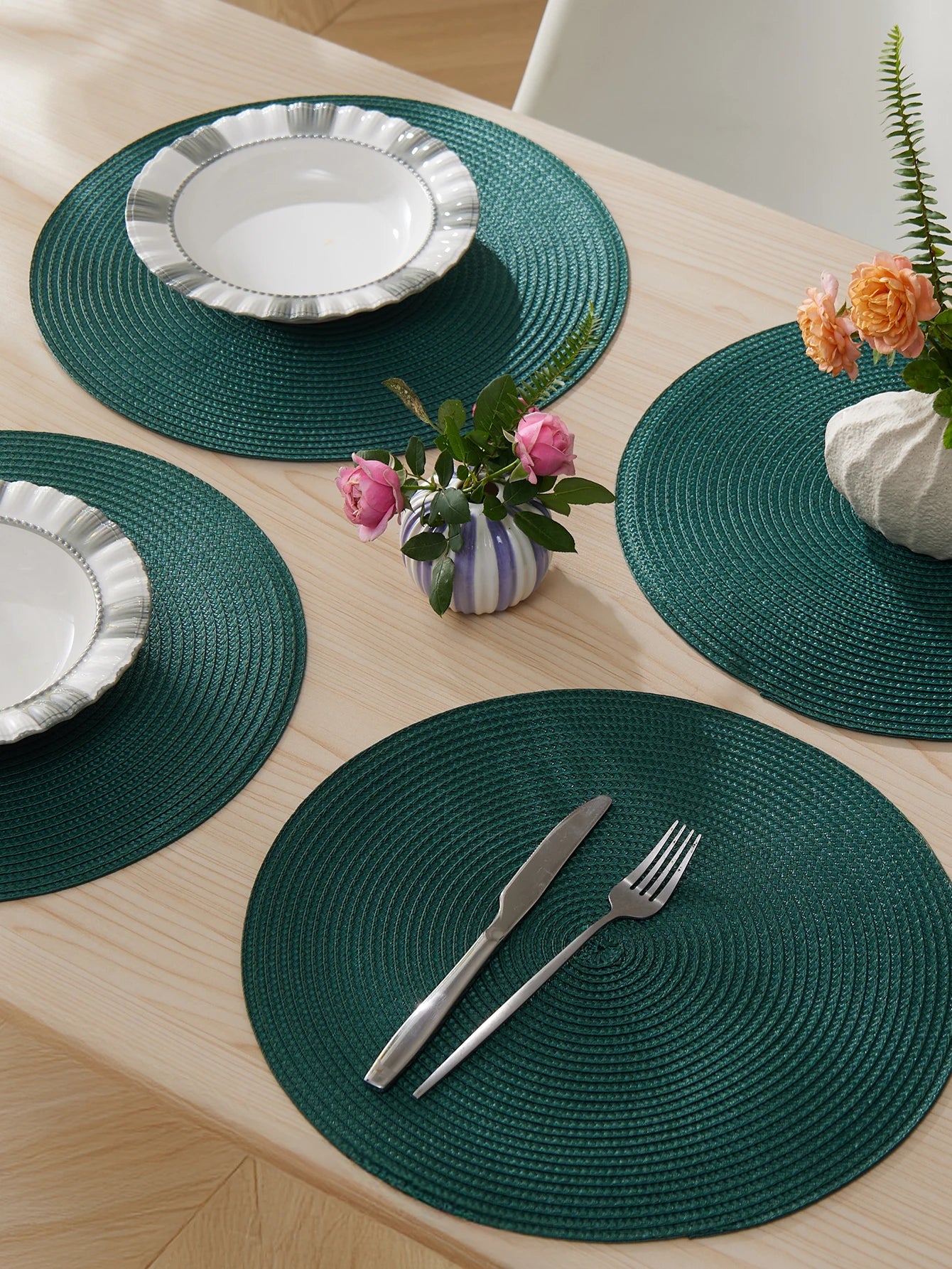 Lot de 4 napperons ronds tissés - Vert sapin