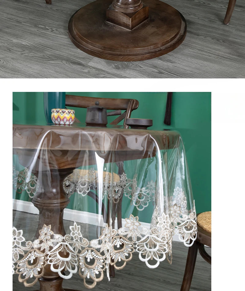 Nappe de table ronde en PVC transparent avec dentelle