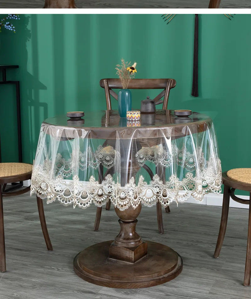 Nappe de table ronde en PVC transparent avec dentelle