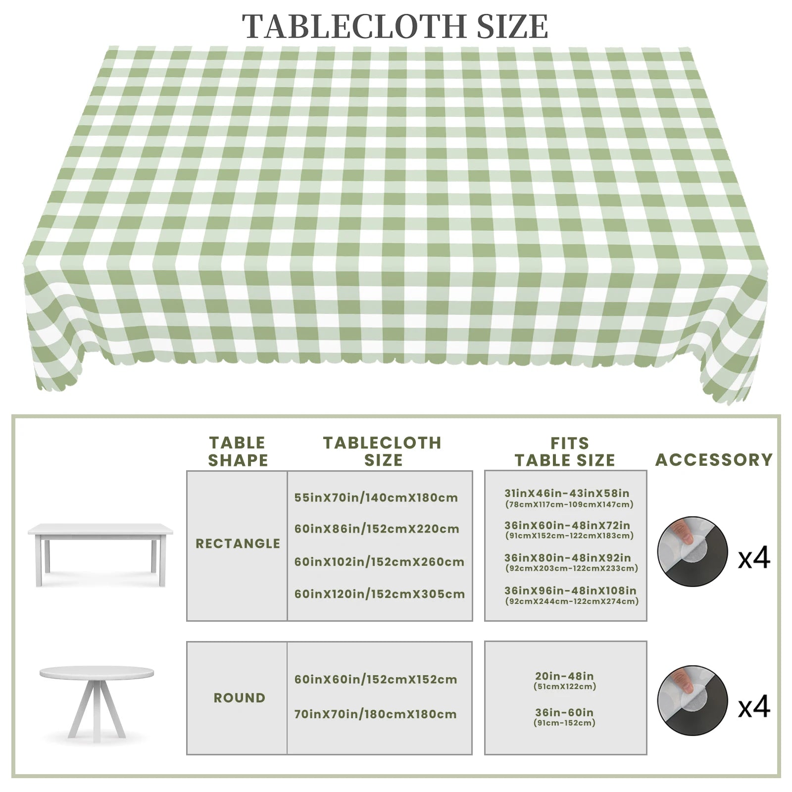 Nappe de table imperméable à carreaux vert sauge et blanc