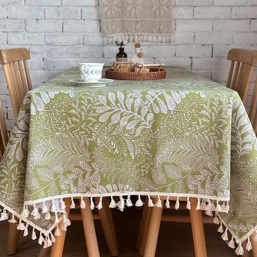 Nappe à franges en coton - imprimés verts