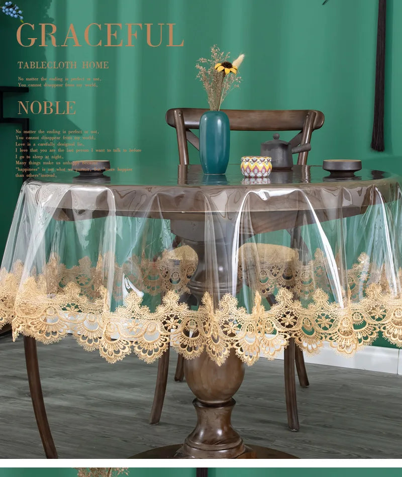 Nappe de table ronde en PVC transparent avec dentelle